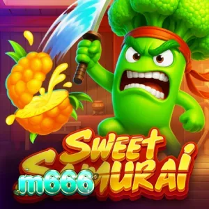 Sweet Samurai سلاٹ کا بصری منظر جس میں بروکولی سامورائی اور پھلوں کی علامات نمایاں ہیں۔